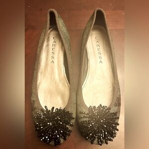 NEW 7.5 Caressa Khaki Green Snakeskin Print Crystal Glass Tasseled Ballet Flats